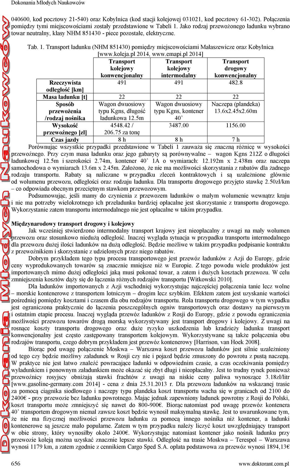 koleja.pl 2014, www.emapi.pl 2014] kolejowy konwencjonalny kolejowy intermodalny drogowy konwencjonalny Rzeczywista odległość [km] 491 491 482.