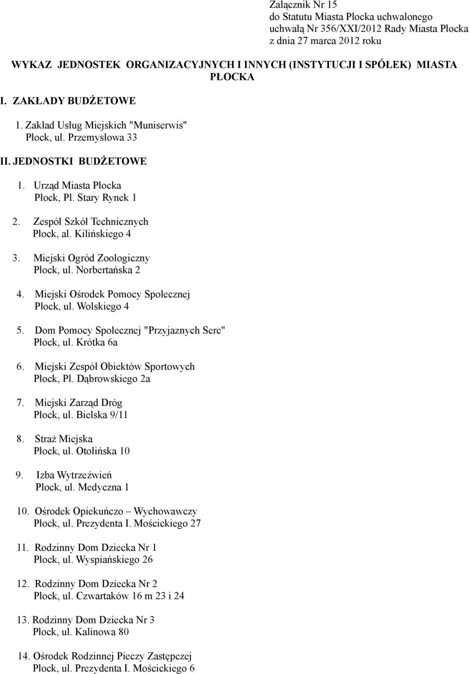 Kilińskiego 4 3. Miejski Ogród Zoologiczny Płock, ul. Norbertańska 2 4. Miejski Ośrodek Pomocy Społecznej Płock, ul. Wolskiego 4 5. Dom Pomocy Społecznej "Przyjaznych Serc" Płock, ul. Krótka 6a 6.