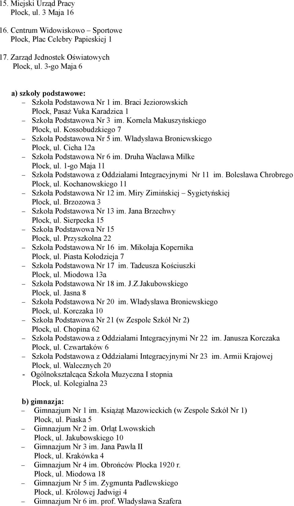 Kossobudzkiego 7 Szkoła Podstawowa Nr 5 im. Władysława Broniewskiego Płock, ul. Cicha 12a Szkoła Podstawowa Nr 6 im. Druha Wacława Milke Płock, ul.