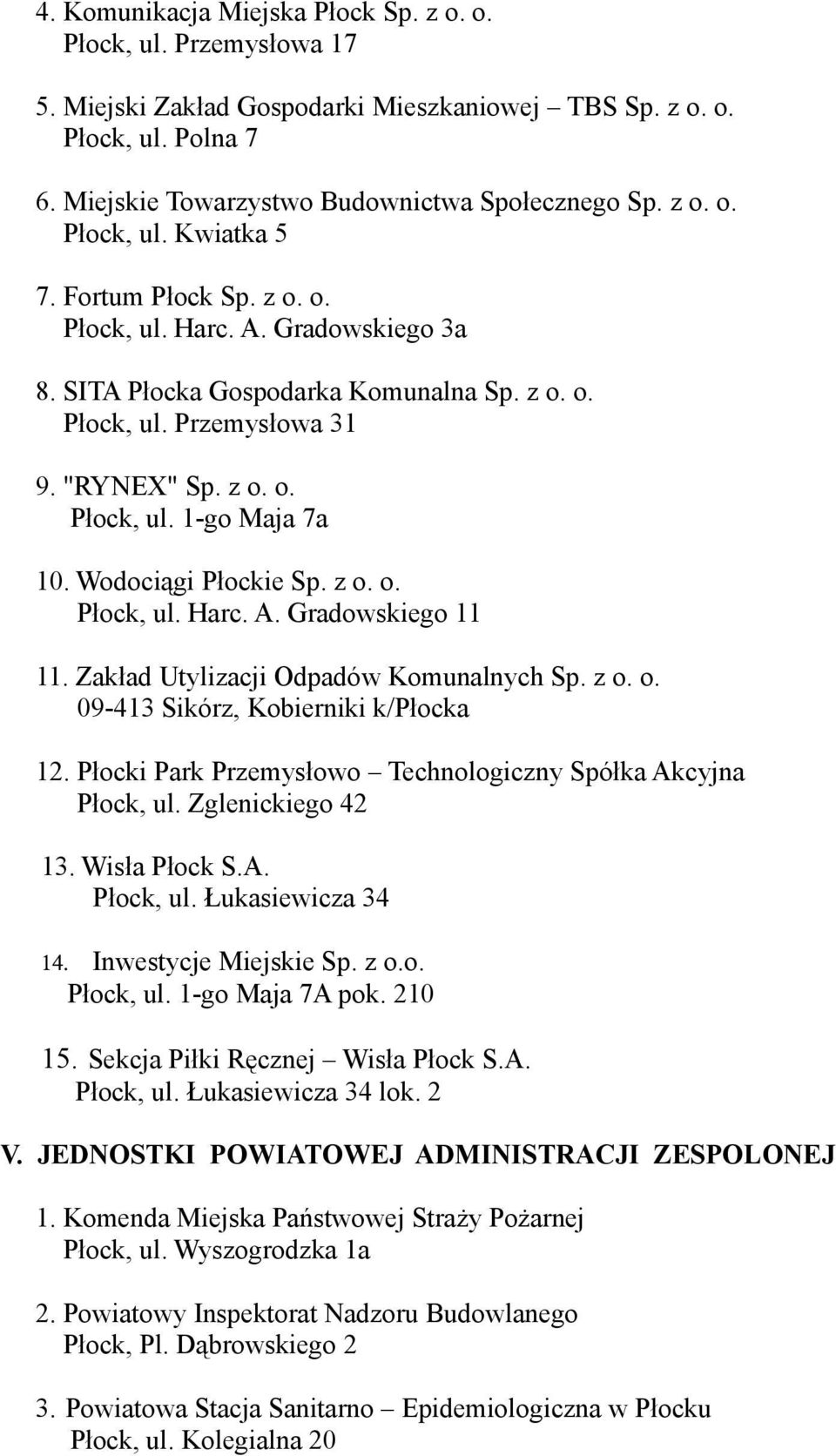 Wodociągi Płockie Sp. z o. o. Płock, ul. Harc. A. Gradowskiego 11 11. Zakład Utylizacji Odpadów Komunalnych Sp. z o. o. 09-413 Sikórz, Kobierniki k/płocka 12.