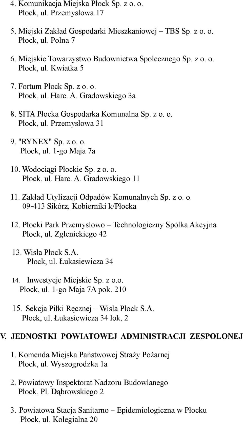 Wodociągi Płockie Sp. z o. o. Płock, ul. Harc. A. Gradowskiego 11 11. Zakład Utylizacji Odpadów Komunalnych Sp. z o. o. 09-413 Sikórz, Kobierniki k/płocka 12.