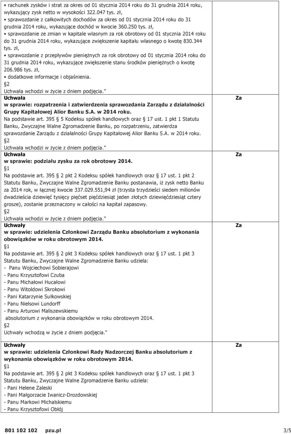 zł, sprawozdanie ze zmian w kapitale własnym za rok obrotowy od 01 stycznia 2014 roku do 31 grudnia 2014 roku, wykazujące zwiększenie kapitału własnego o kwotę 830.344 tys.