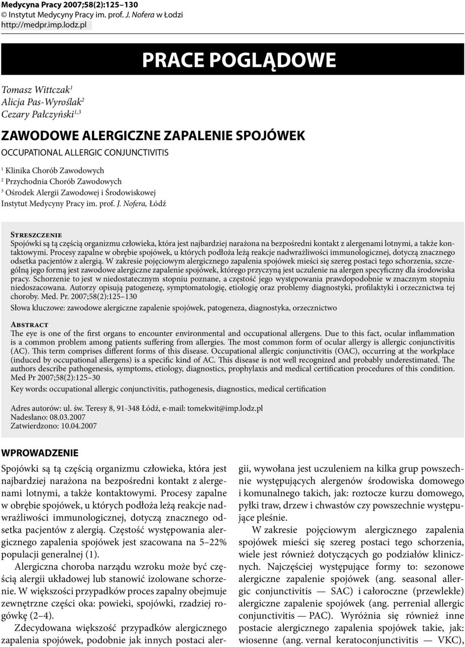 Zawodowych 3 Ośrodek Alergii Zawodowej i Środowiskowej Instytut Medycyny Pracy im. prof. J.