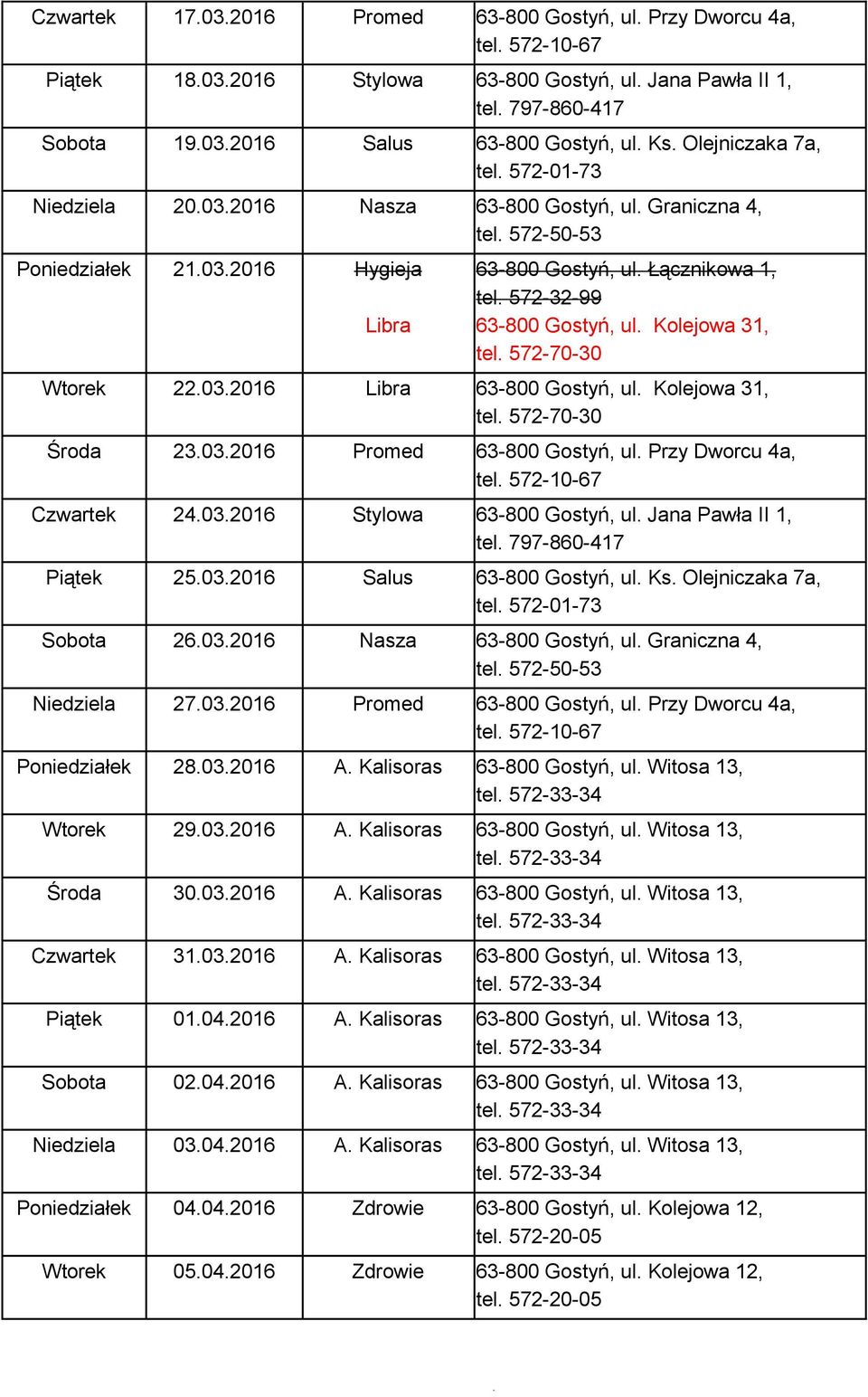 Jana Pawła II 1, Piątek 25.03.2016 Salus 63-800 Gostyń, ul. Ks. Olejniczaka 7a, Sobota 26.03.2016 Nasza 63-800 Gostyń, ul. Graniczna 4, Niedziela 27.03.2016 Promed 63-800 Gostyń, ul.