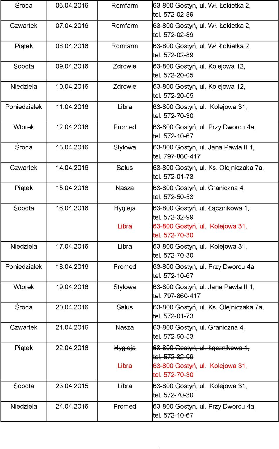 Jana Pawła II 1, Czwartek 14.04.2016 Salus 63-800 Gostyń, ul. Ks. Olejniczaka 7a, Piątek 15.04.2016 Nasza 63-800 Gostyń, ul. Graniczna 4, Sobota 16.04.2016 Hygieja Niedziela 17.04.2016 Poniedziałek 18.