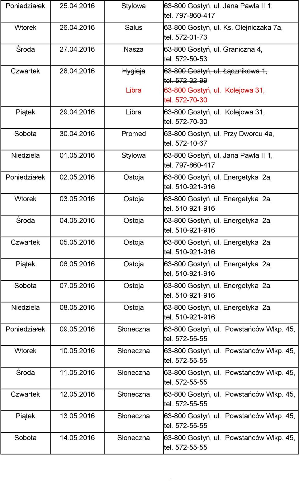 Energetyka 2a, Wtorek 03.05.2016 Ostoja 63-800 Gostyń, ul. Energetyka 2a, Środa 04.05.2016 Ostoja 63-800 Gostyń, ul. Energetyka 2a, Czwartek 05.05.2016 Ostoja 63-800 Gostyń, ul. Energetyka 2a, Piątek 06.