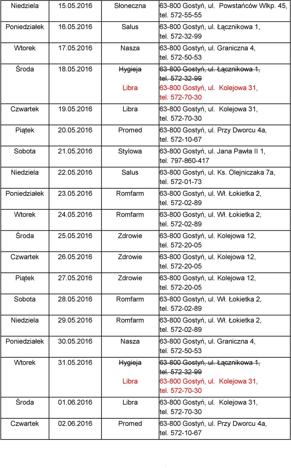 Wł. Łokietka 2, Wtorek 24.05.2016 Romfarm 63-800 Gostyń, ul. Wł. Łokietka 2, Środa 25.05.2016 Zdrowie 63-800 Gostyń, ul. Kolejowa 12, Czwartek 26.05.2016 Zdrowie 63-800 Gostyń, ul. Kolejowa 12, Piątek 27.