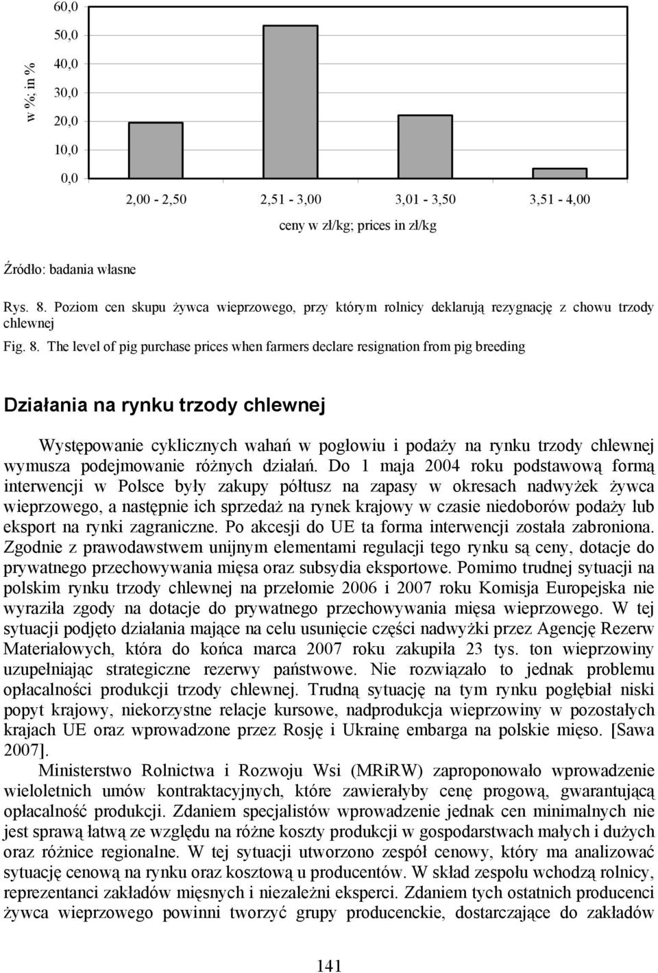 The level of pig purchase prices when farmers declare resignation from pig breeding Działania na rynku trzody chlewnej Występowanie cyklicznych wahań w pogłowiu i podaży na rynku trzody chlewnej