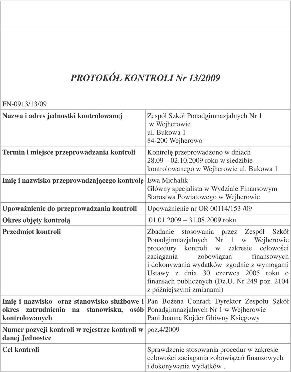 Bukowa 1 Imi i nazwisko przeprowadzajcego kontrol Ewa Michalik Główny specjalista w Wydziale Finansowym Starostwa Powiatowego w Wejherowie Upowanienie do przeprowadzania kontroli Upowanienie nr OR