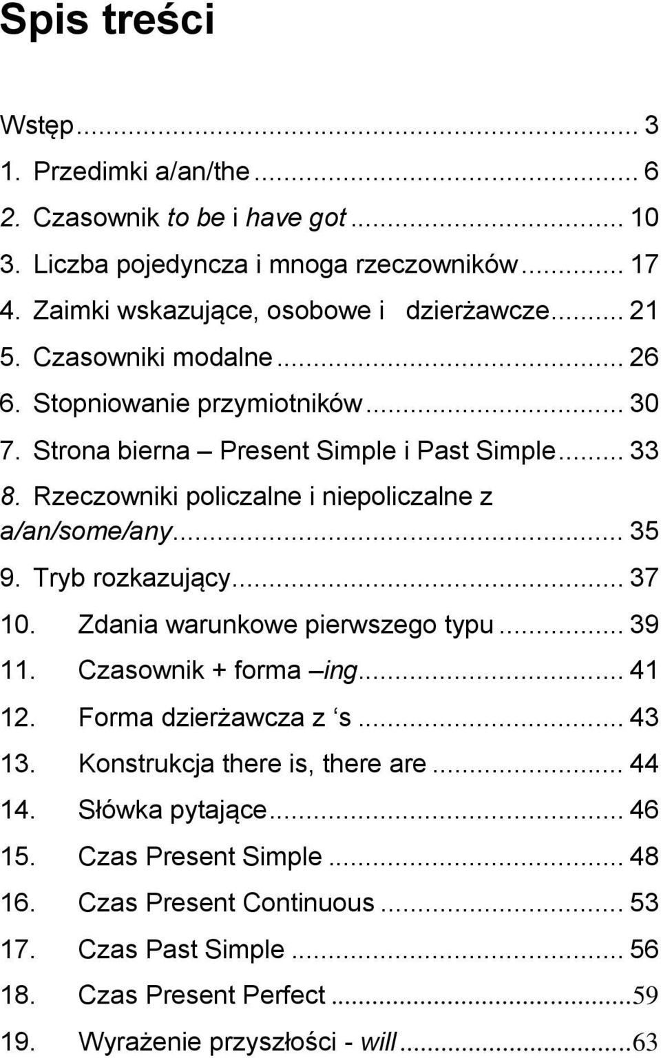 .. 35 9. Tryb rozkazujący... 37 10. Zdania warunkowe pierwszego typu... 39 11. Czasownik + forma ing... 41 12. Forma dzierżawcza z s... 43 13. Konstrukcja there is, there are... 44 14.