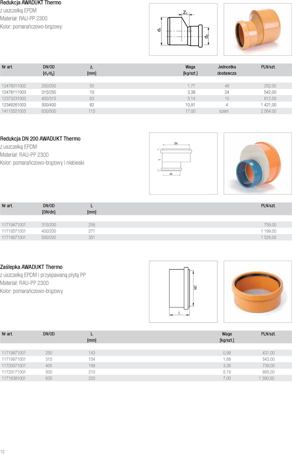 luzem 2 564,00 Redukcja DN 200 AWADUKT Thermo z uszczelką EPDM Materiał: RAU-PP 2300 Kolor: pomarańczowo-brązowy i niebieski Nr art. DN/OD L PLN/szt.