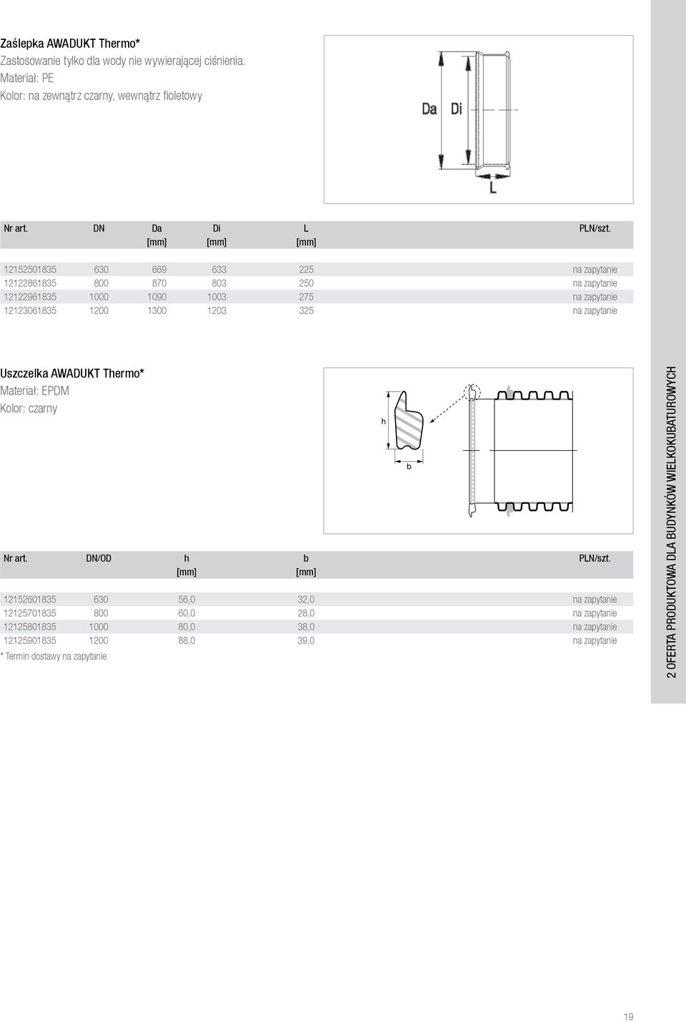 zapytanie Uszczelka AWADUKT Thermo* Materiał: EPDM Kolor: czarny Nr art. DN/OD h b PLN/szt.