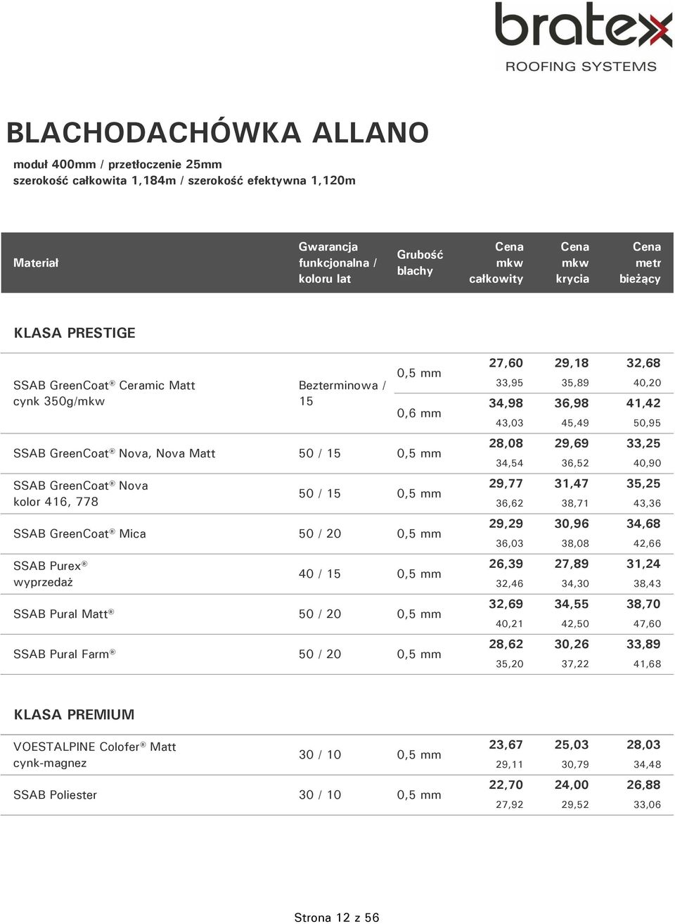 Bezterminowa / 15 0,5 mm 0,6 mm 50 / 15 0,5 mm 40 / 15 0,5 mm SSAB Pural Matt 50 / 20 0,5 mm SSAB Pural Farm 50 / 20 0,5 mm 27,60 29,18 32,68 33,95 35,89 40,20 34,98 36,98 41,42 43,03 45,49 50,95