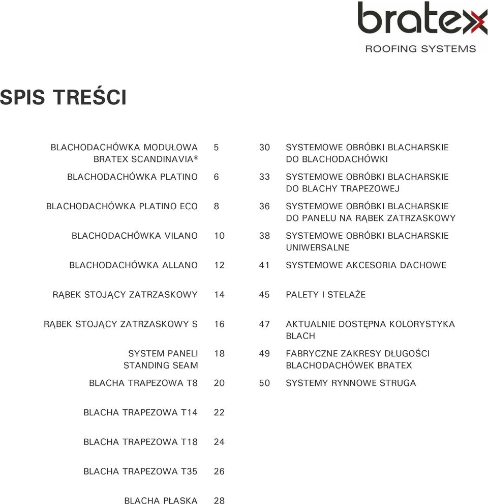 12 41 SYSTEMOWE AKCESORIA DACHOWE RĄBEK STOJĄCY ZATRZASKOWY 14 45 PALETY I STELAŻE RĄBEK STOJĄCY ZATRZASKOWY S 16 47 AKTUALNIE DOSTĘPNA KOLORYSTYKA BLACH SYSTEM PANELI STANDING SEAM 18
