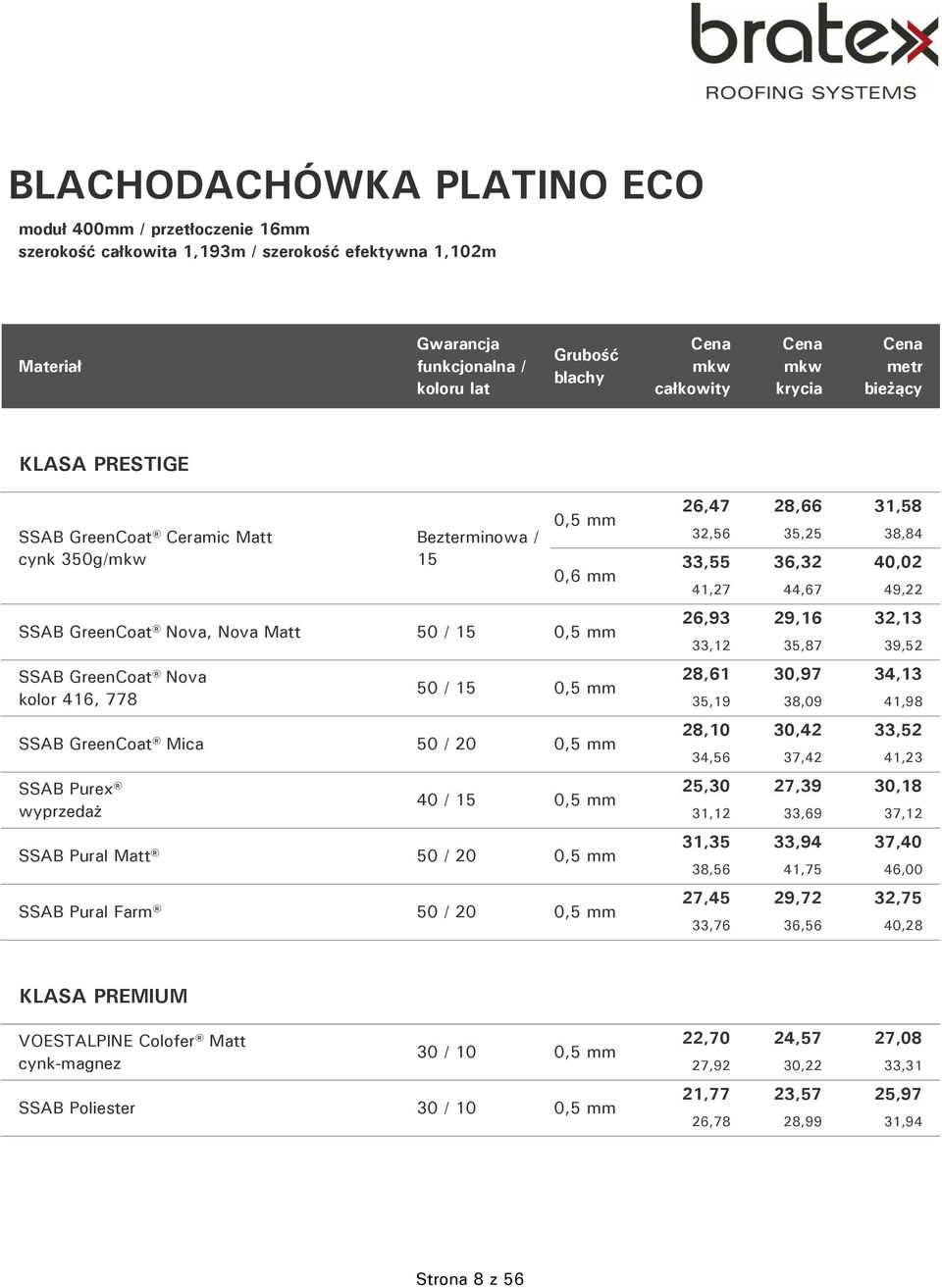 Bezterminowa / 15 0,5 mm 0,6 mm 50 / 15 0,5 mm 40 / 15 0,5 mm SSAB Pural Matt 50 / 20 0,5 mm SSAB Pural Farm 50 / 20 0,5 mm 26,47 28,66 31,58 32,56 35,25 38,84 33,55 36,32 40,02 41,27 44,67 49,22