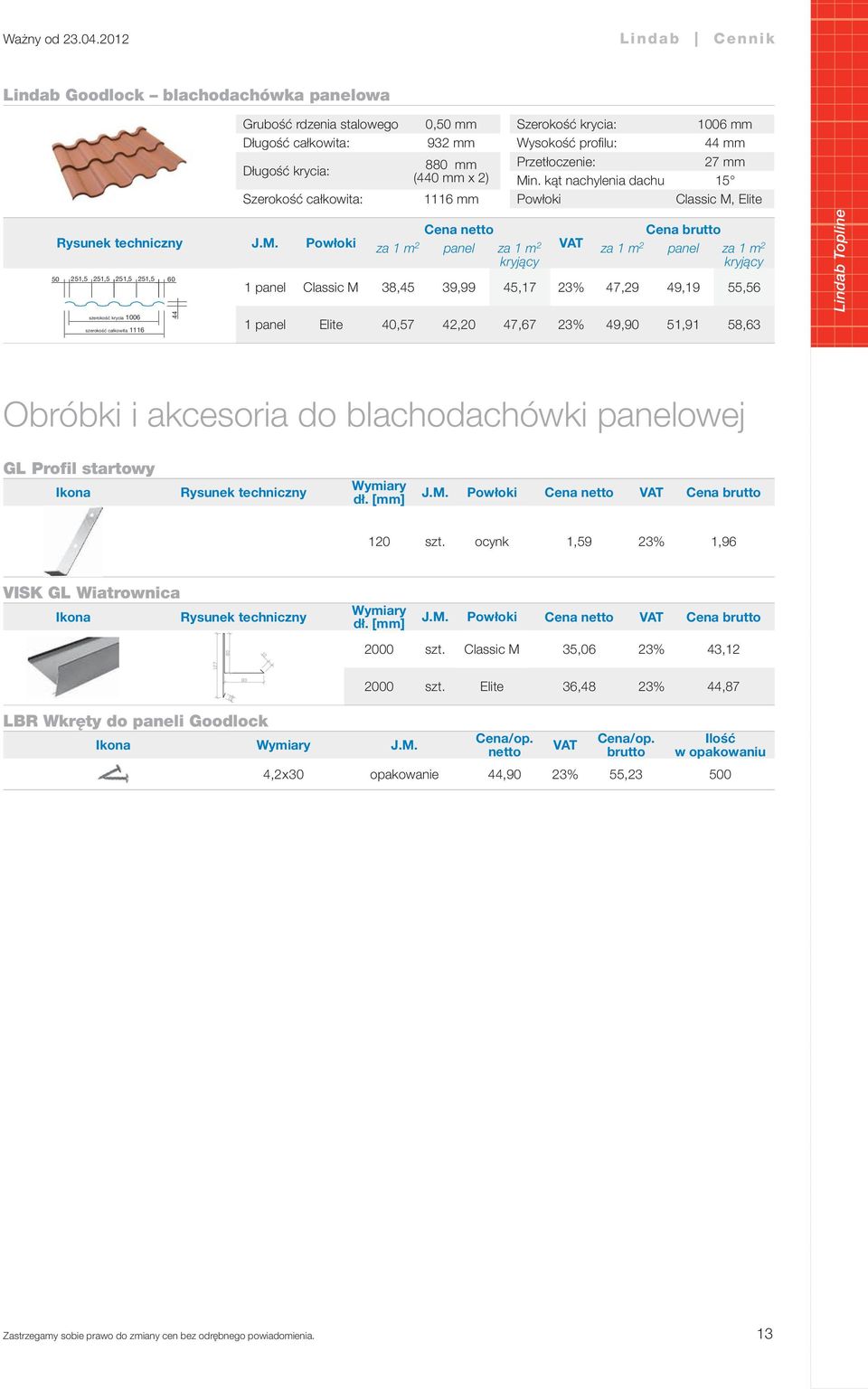 kąt nachylenia dachu 15 Szerokość całkowita: 1116 mm Powłoki Classic M, Elite za 1 m 2 panel za 1 m 2 za 1 m 2 panel za 1 m 2 1 panel Classic M 38,45 39,99 45,17 23% 47,29 49,19 55,56 1 panel Elite