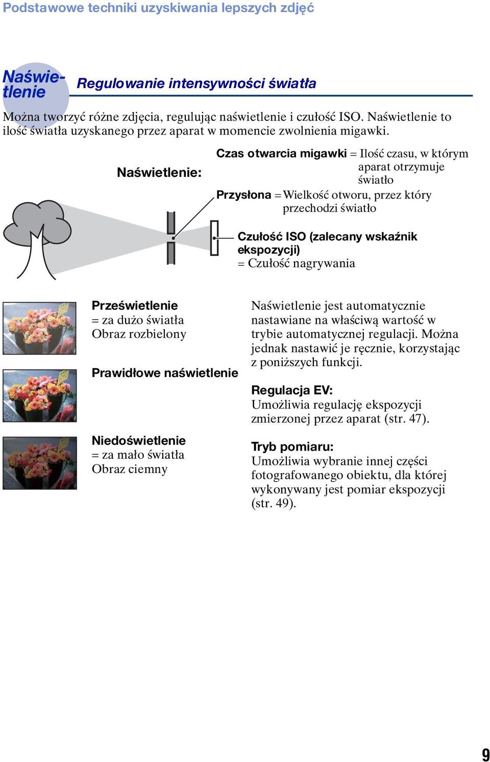 Naświetlenie: Czas otwarcia migawki = Ilość czasu, w którym aparat otrzymuje światło Przysłona =Wielkość otworu, przez który przechodzi światło Czułość ISO (zalecany wskaźnik ekspozycji) = Czułość