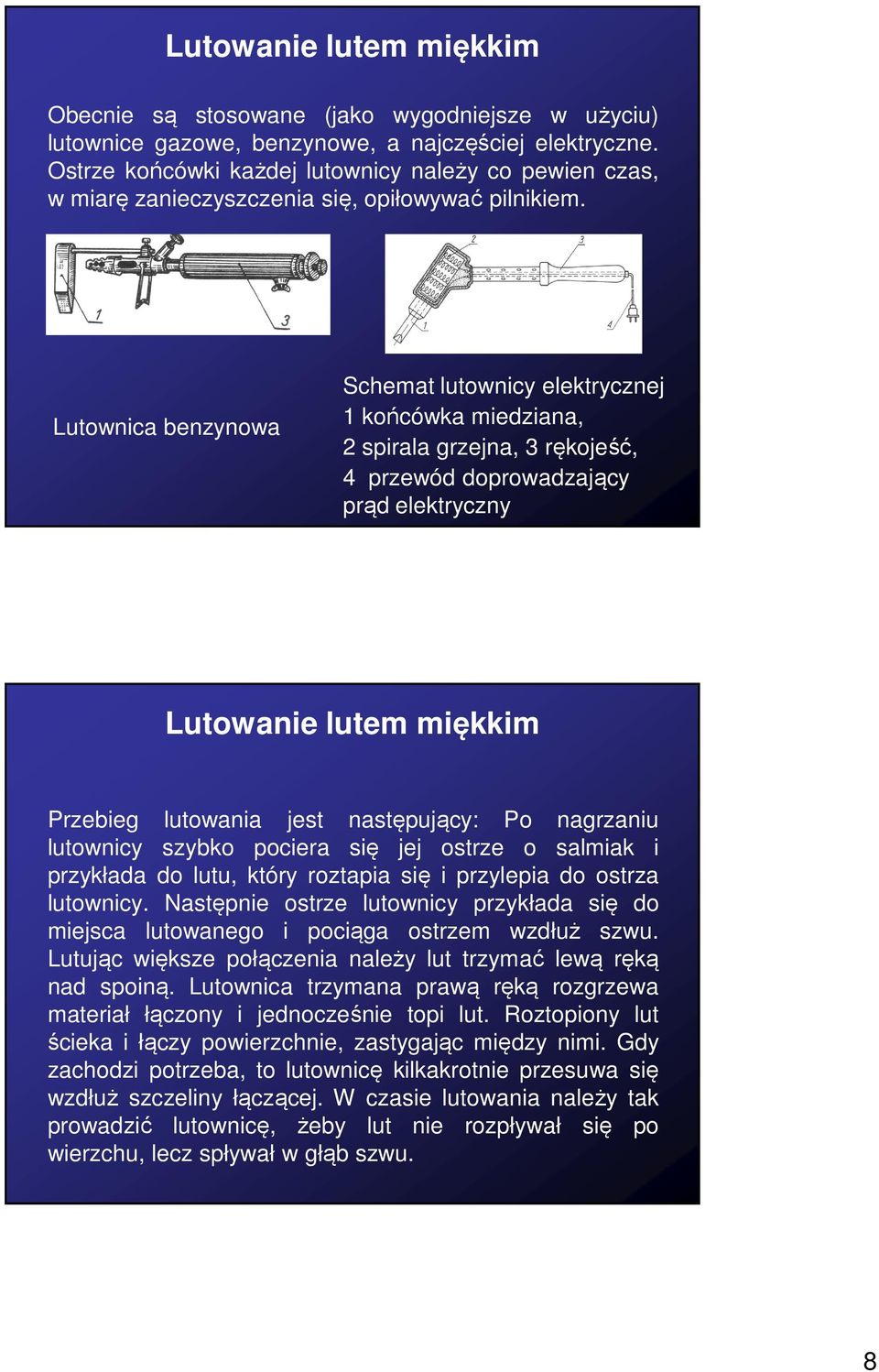 Lutownica benzynowa Schemat lutownicy elektrycznej 1 końcówka miedziana, 2 spirala grzejna, 3 rękojeść, 4 przewód doprowadzający prąd elektryczny Lutowanie lutem miękkim Przebieg lutowania jest