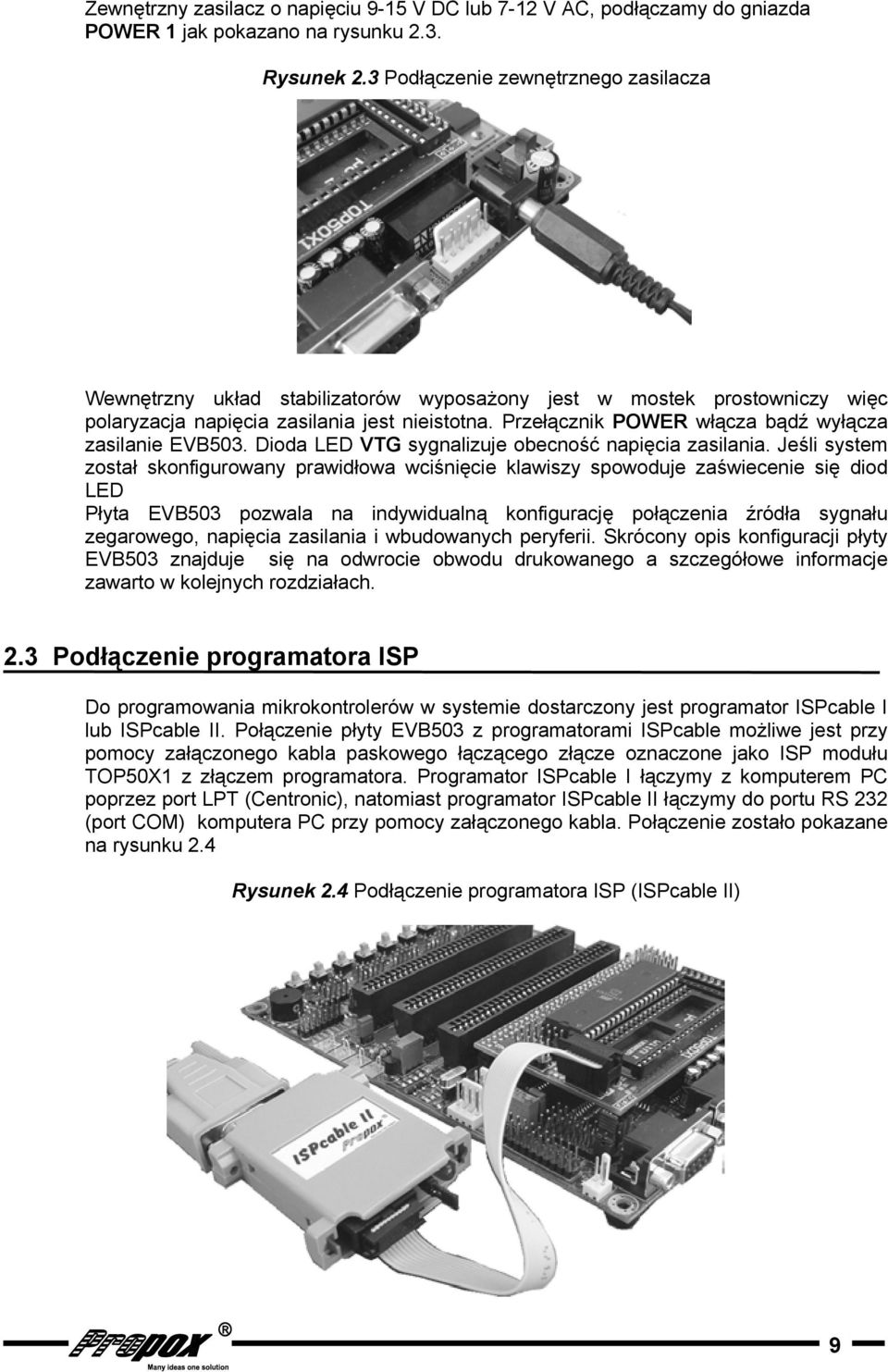 Przełącznik POWER włącza bądź wyłącza zasilanie EVB503. Dioda LED sygnalizuje obecność napięcia zasilania.