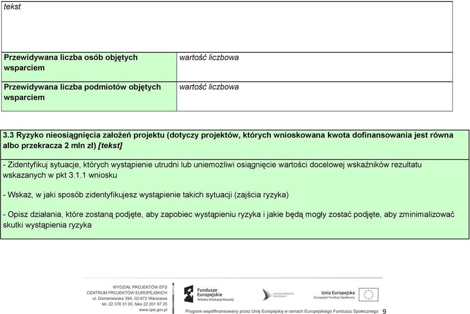 których wystąpienie utrudni lub uniemożliwi osiągnięcie wartości docelowej wskaźników rezultatu wskazanych w pkt 3.1.