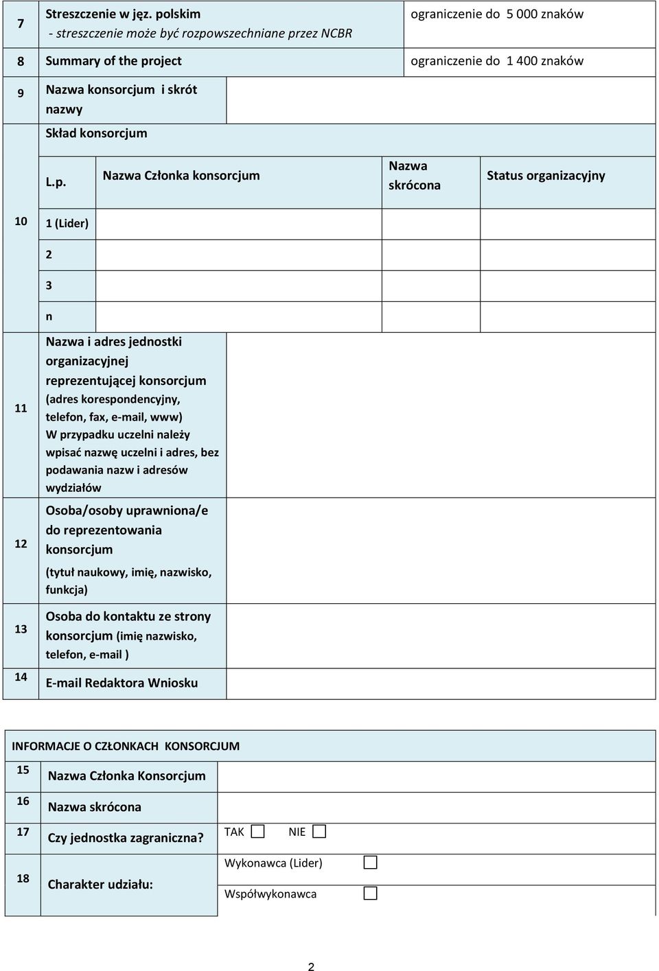 Nazwa Członka konsorcjum Nazwa skrócona Status organizacyjny 0 (Lider) 3 n 3 4 Nazwa i adres jednostki organizacyjnej reprezentującej konsorcjum (adres korespondencyjny, telefon, fax, e-mail, www) W