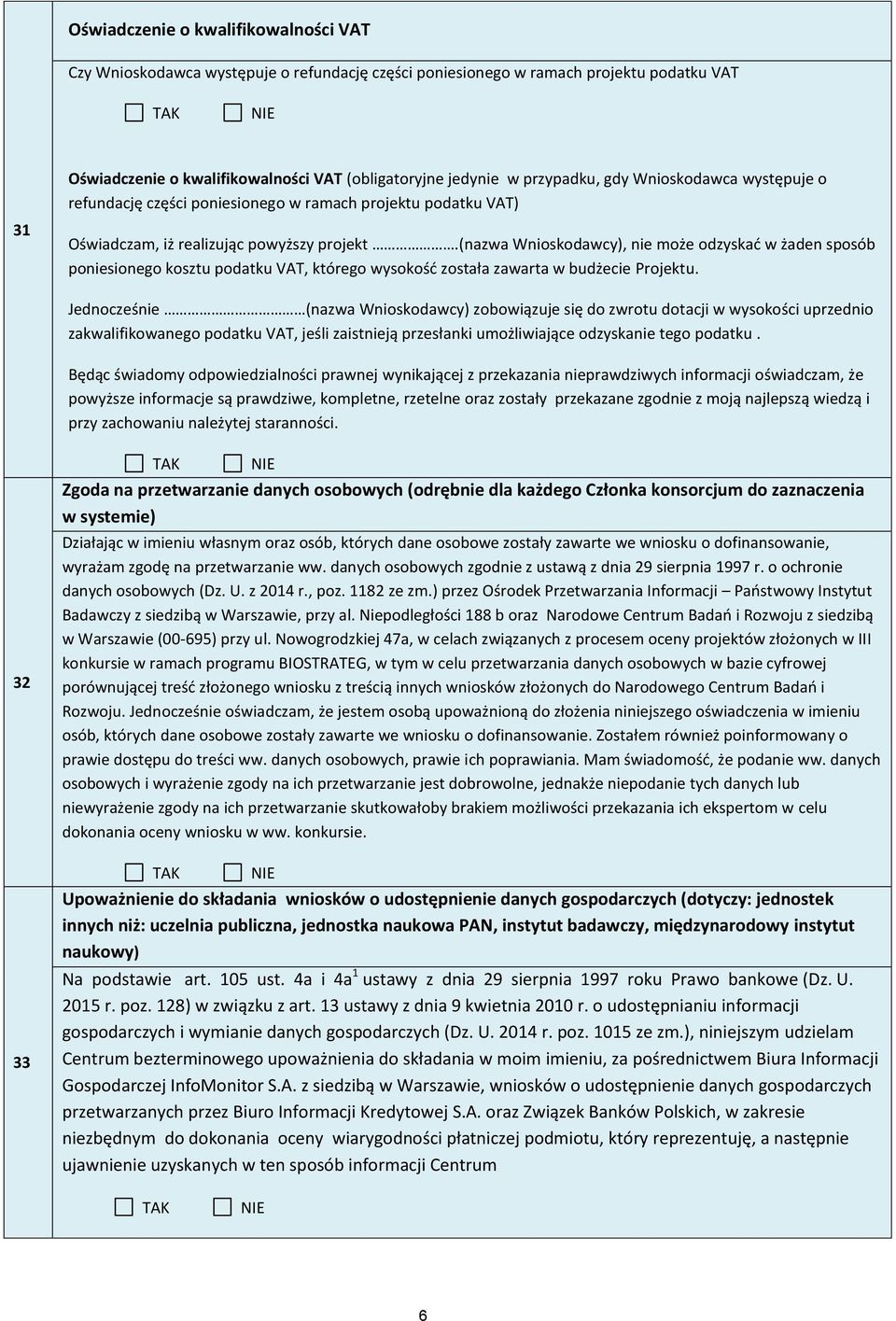 (nazwa Wnioskodawcy), nie może odzyskać w żaden sposób poniesionego kosztu podatku VAT, którego wysokość została zawarta w budżecie Projektu.