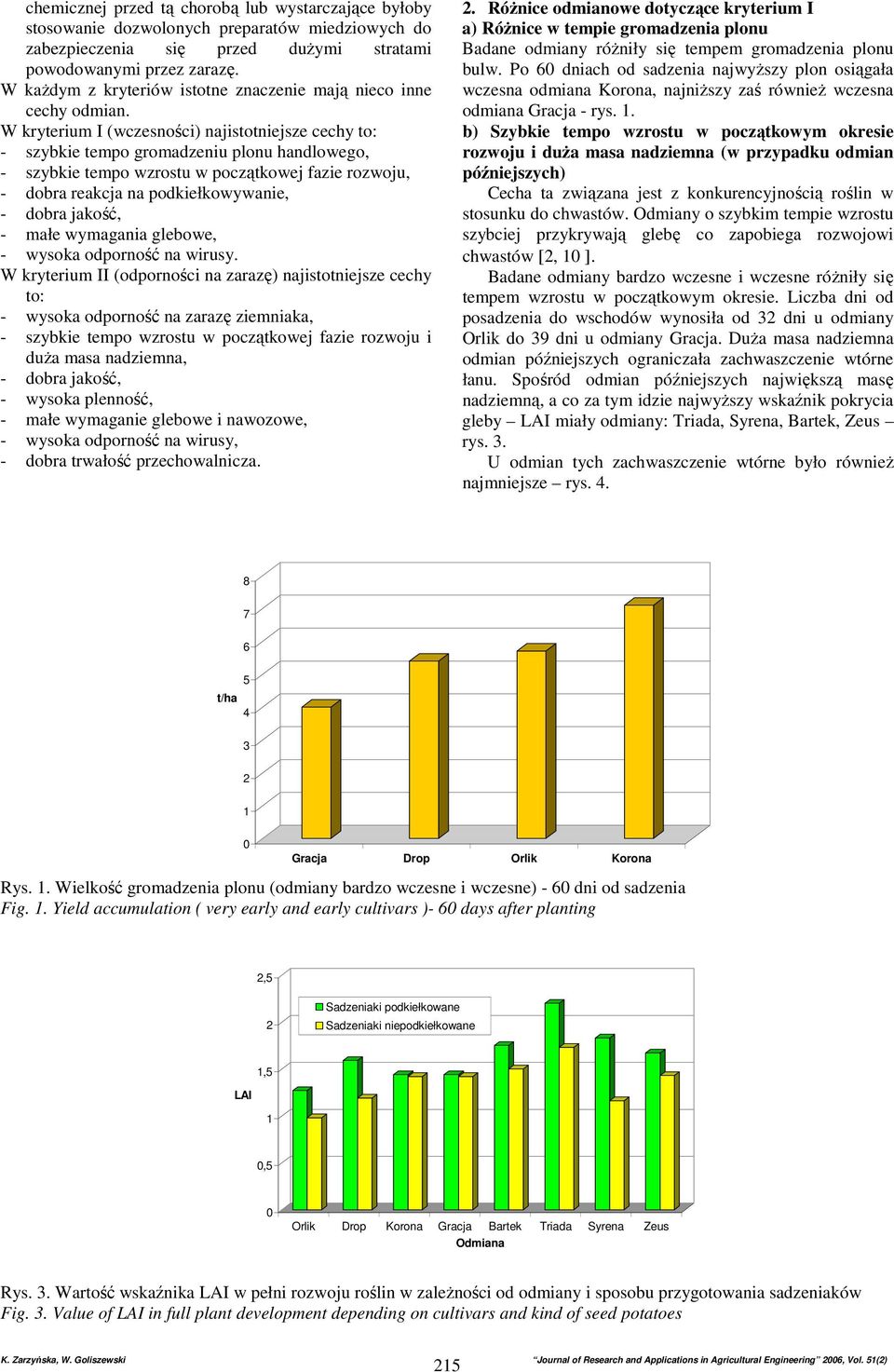 W kryterium I (wczesności) najistotniejsze cechy to: - szybkie tempo gromadzeniu plonu handlowego, - szybkie tempo wzrostu w początkowej fazie rozwoju, - dobra reakcja na podkiełkowywanie, - dobra