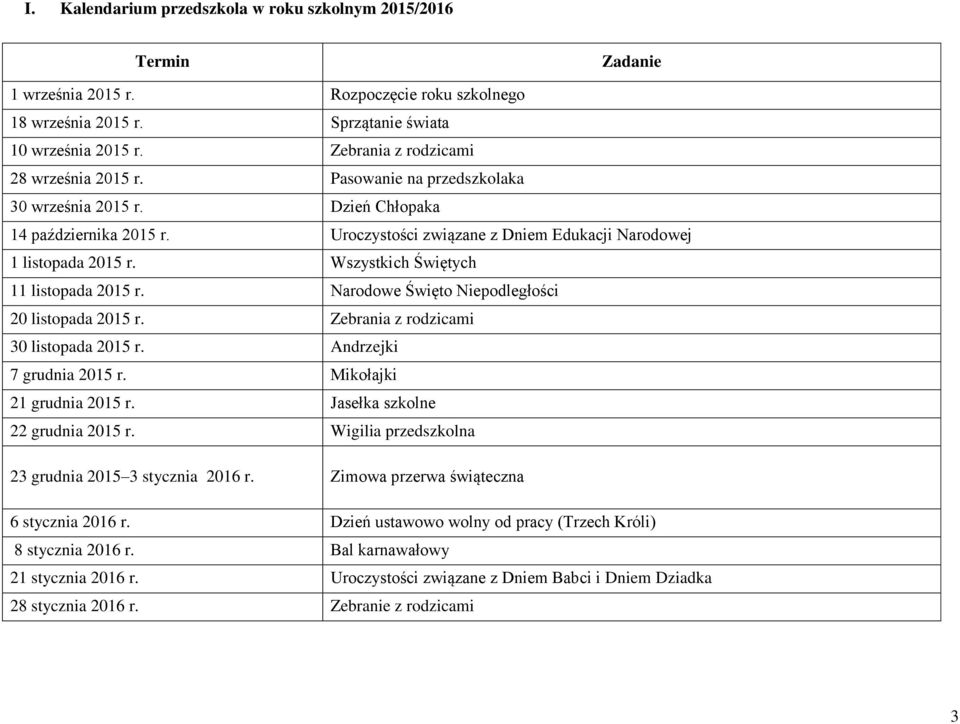 Wszystkich Świętych 11 listopada 2015 r. Narodowe Święto Niepodległości 20 listopada 2015 r. Zebrania z rodzicami 30 listopada 2015 r. Andrzejki 7 grudnia 2015 r. Mikołajki 21 grudnia 2015 r.