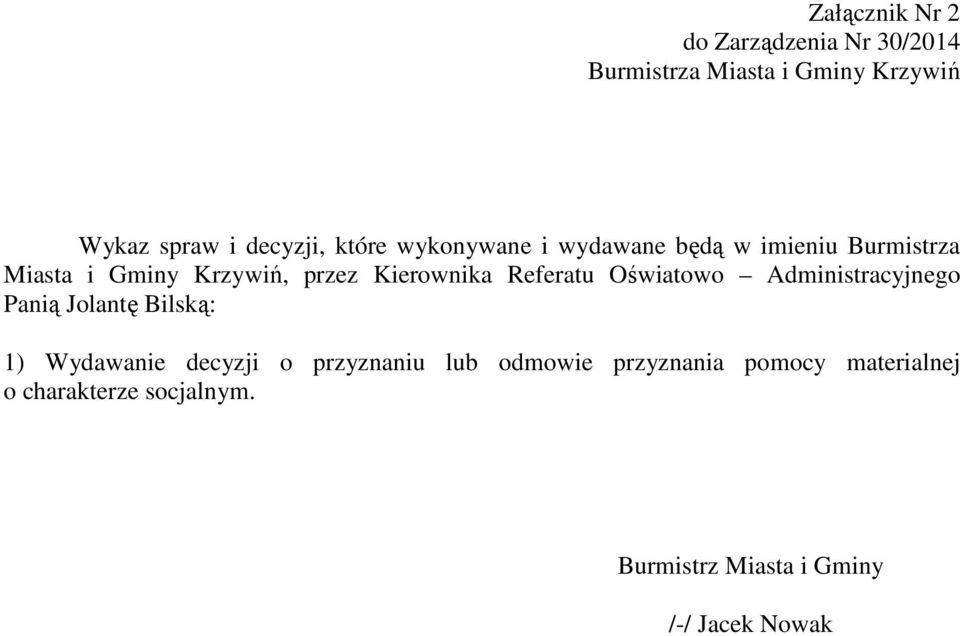 Jolantę Bilską: 1) Wydawanie decyzji o przyznaniu lub