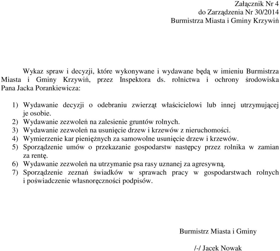 2) Wydawanie zezwoleń na zalesienie gruntów rolnych. 3) Wydawanie zezwoleń na usunięcie drzew i krzewów z nieruchomości.