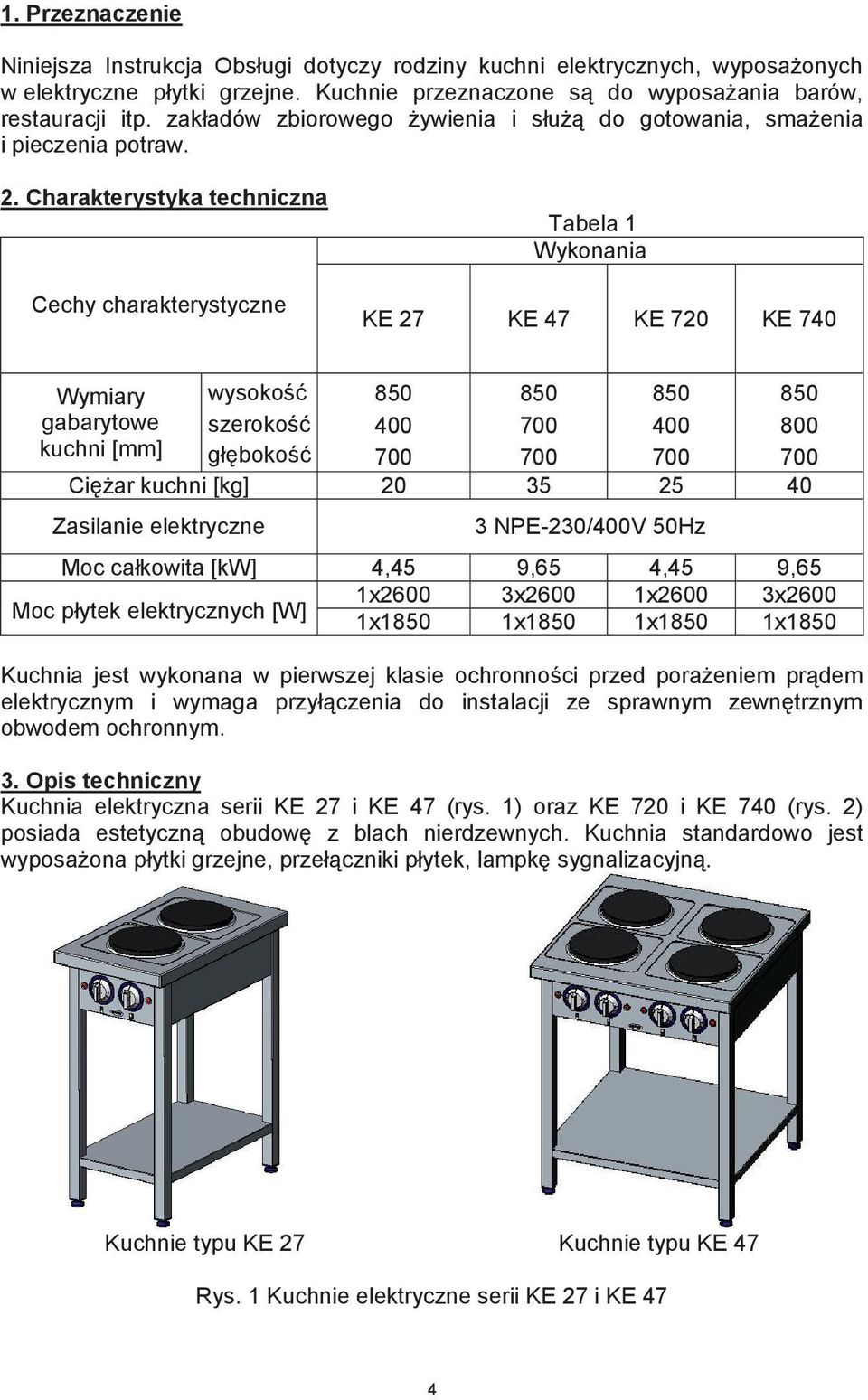 Charakterystyka techniczna Cechy charakterystyczne wysokość szerokość głębokość Ciężar kuchni [kg] Wymiary gabarytowe kuchni [mm] Tabela 1 Wykonania KE 27 KE 47 KE 720 KE 740 850 400 20 850 35 850