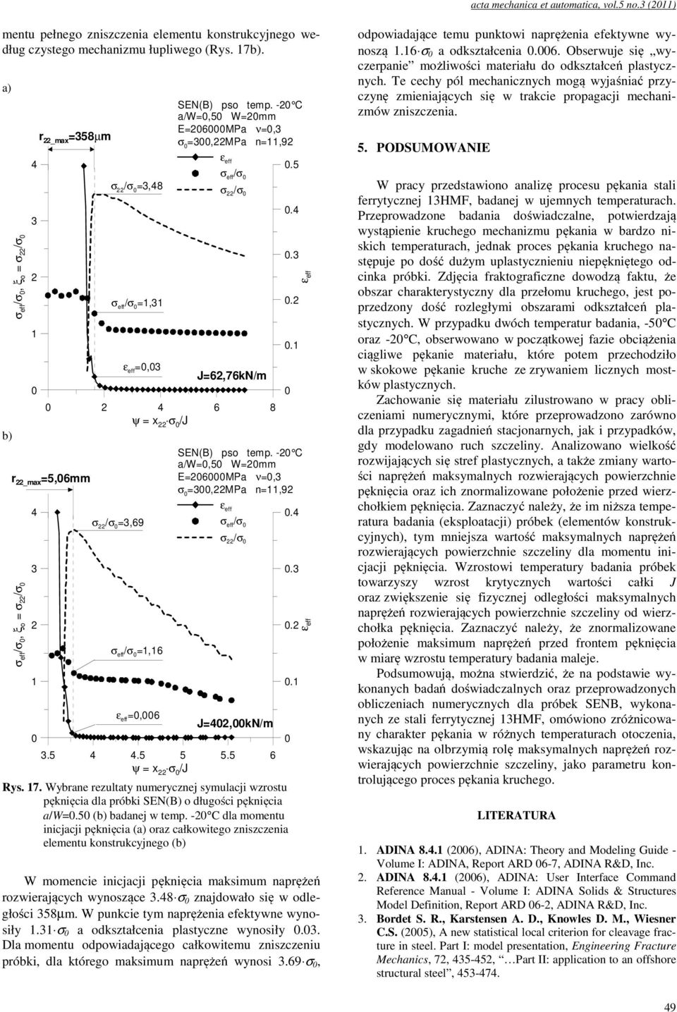 7. Wybrane rezultaty numerycznej symulacji wzrostu pęknięcia dla próbki SEN(B) o długości pęknięcia a/w=. ( badanej w temp.