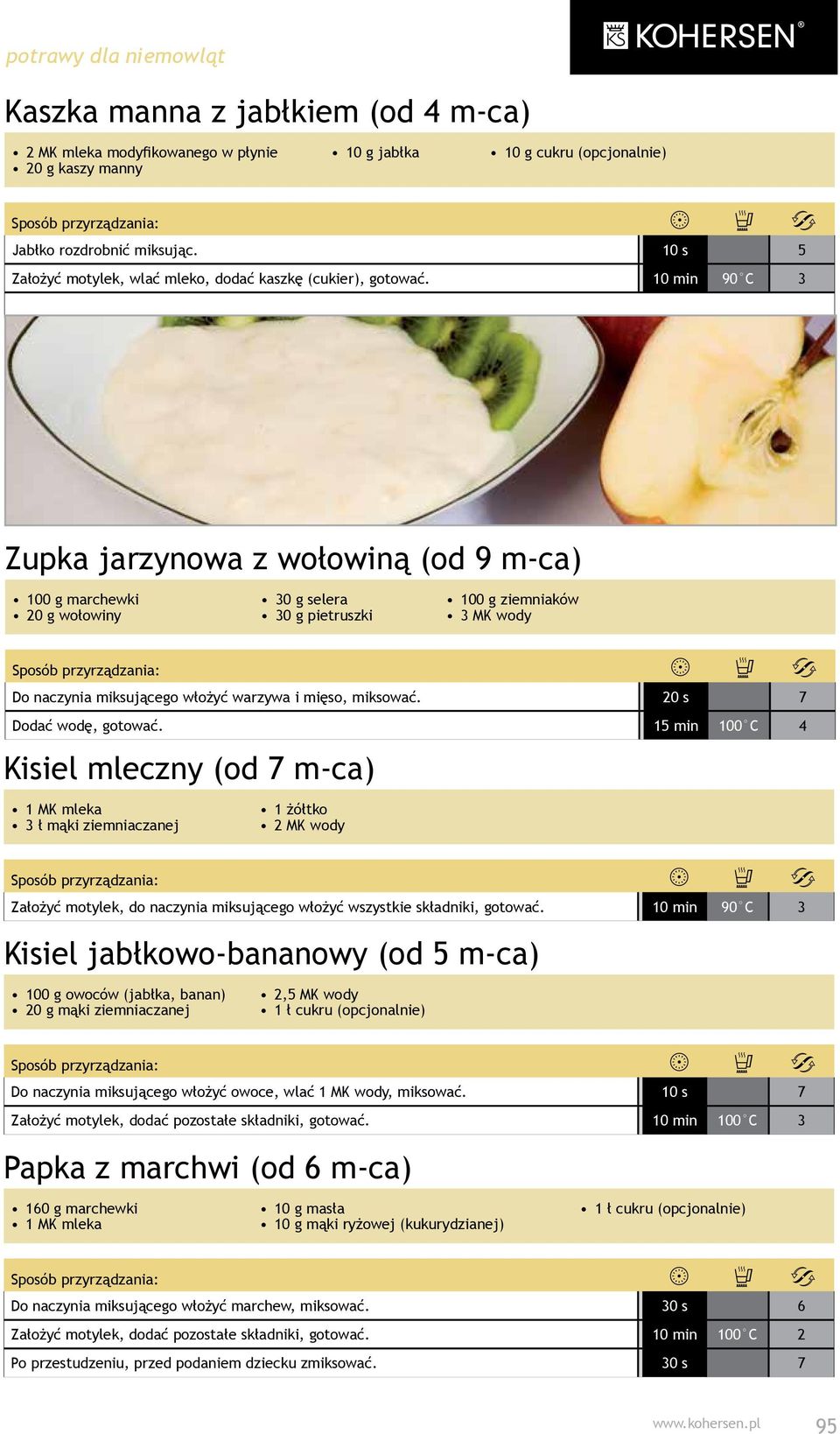 10 min 90 C 3 Zupka jarzynowa z wołowiną (od 9 m-ca) 100 g marchewki 20 g wołowiny 30 g pietruszki 100 g ziemniaków 3 MK wody Do naczynia miksującego włożyć warzywa i mięso, miksować.