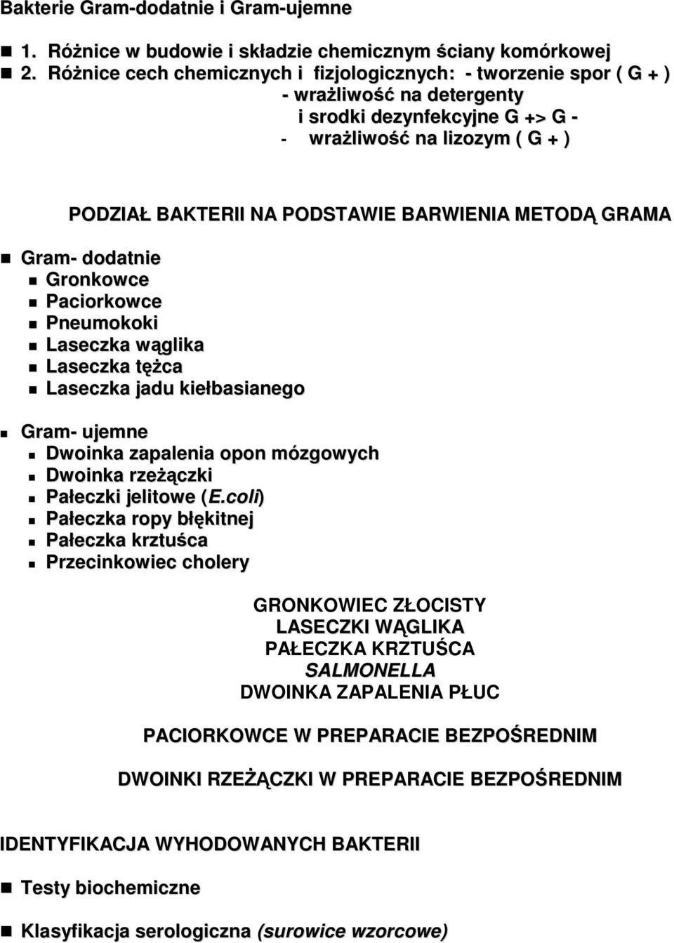 METODĄ GRAMA Gram- dodatnie Gronkowce Paciorkowce Pneumokoki Laseczka wąglika Laseczka tężca Laseczka jadu kiełbasianego Gram- ujemne Dwoinka zapalenia opon mózgowych Dwoinka rzeżączki Pałeczki