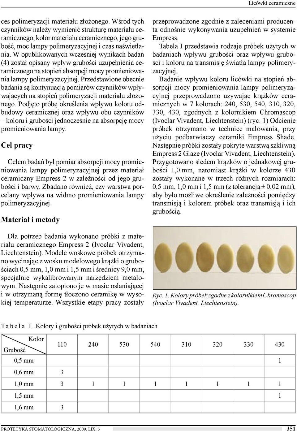 W opublikowanych wcześniej wynikach badań (4) został opisany wpływ grubości uzupełnienia ceramicznego na stopień absorpcji mocy promieniowania lampy polimeryzacyjnej.