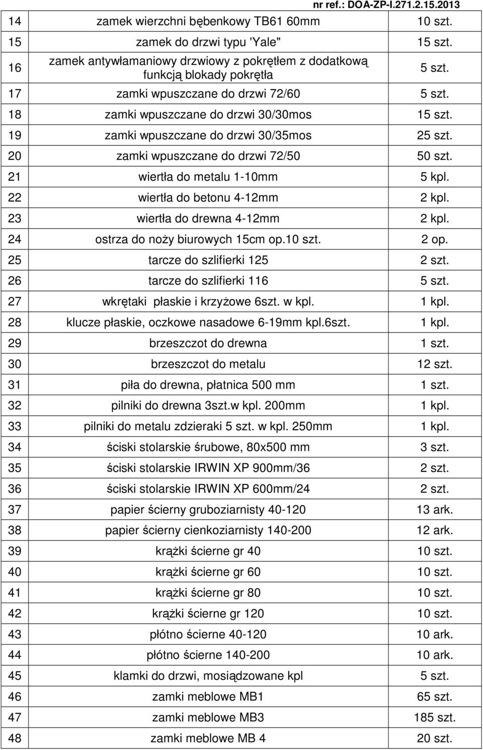 21 wiertła do metalu 1-10mm 5 kpl. 22 wiertła do betonu 4-12mm 2 kpl. 23 wiertła do drewna 4-12mm 2 kpl. 24 ostrza do noży biurowych 15cm op.10 szt. 2 op. 25 tarcze do szlifierki 125 2 szt.