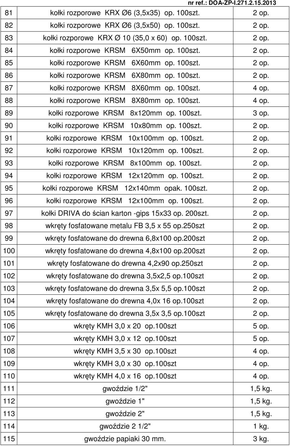 100szt. 4 op. 89 kołki rozporowe KRSM 8x120mm op. 100szt. 3 op. 90 kołki rozporowe KRSM 10x80mm op. 100szt. 2 op. 91 kołki rozporowe KRSM 10x100mm op. 100szt. 2 op. 92 kołki rozporowe KRSM 10x120mm op.