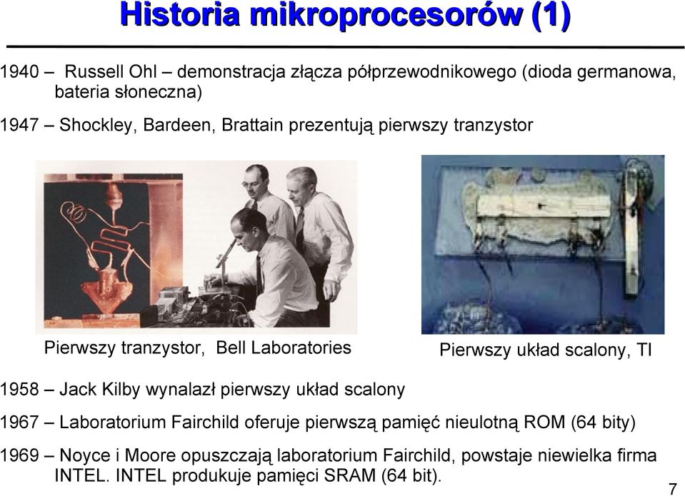 scalony, TI 1958 Jack Kilby wynalazł pierwszy układ scalony 1967 Laboratorium Fairchild oferuje pierwszą pamięć nieulotną ROM