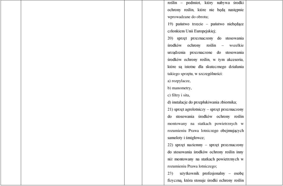 a) rozpylacze, b) manometry, c) filtry i sita, d) instalacje do przepłukiwania zbiornika; 21) sprzęt agrolotniczy sprzęt przeznaczony do stosowania środków ochrony roślin montowany na statkach