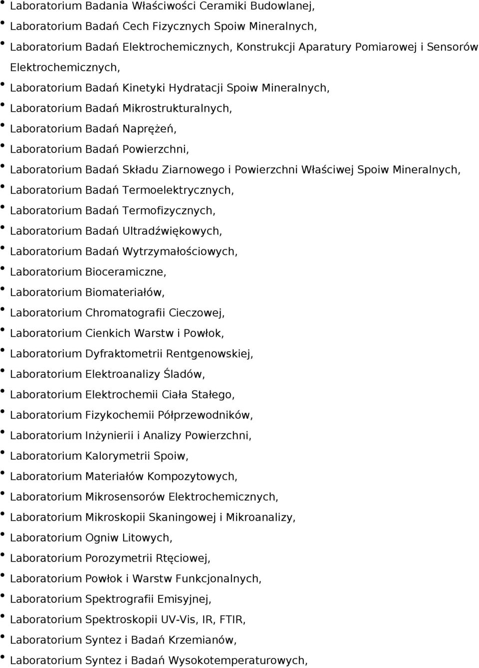 Składu Ziarnowego i Powierzchni Właściwej Spoiw Mineralnych, Laboratorium Badań Termoelektrycznych, Laboratorium Badań Termofizycznych, Laboratorium Badań Ultradźwiękowych, Laboratorium Badań