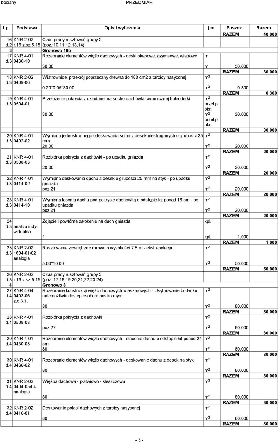 000 18 KNR 2-02 Wiatrownice, przekrój poprzeczny drewna do 180 c2 z tarcicy nasyconej 3 d.3 0409-06 0.20*0.05*30.00 3 0.300 RAZEM 0.300 19 KNR 4-01 d.3 0504-01 20 KNR 4-01 d.3 0402-02 21 KNR 4-01 d.