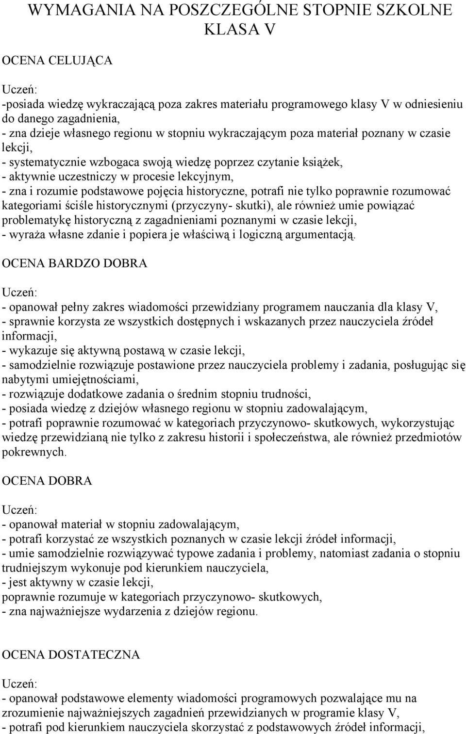 podstawowe pojęcia historyczne, potrafi nie tylko poprawnie rozumować kategoriami ściśle historycznymi (przyczyny- skutki), ale również umie powiązać problematykę historyczną z zagadnieniami