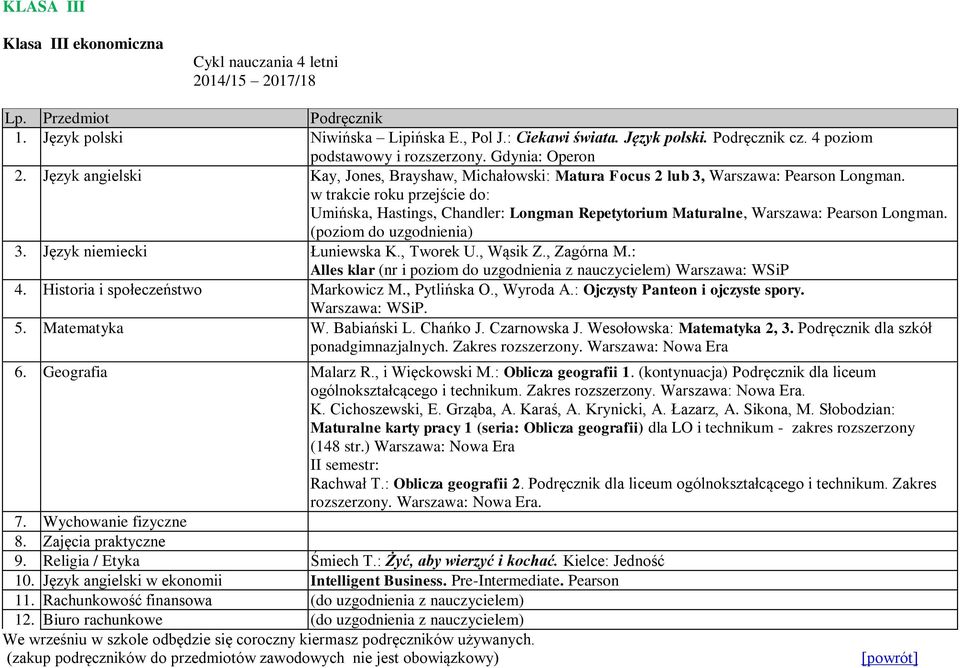 w trakcie roku przejście do: Umińska, Hastings, Chandler: Longman Repetytorium Maturalne, Warszawa: Pearson Longman.