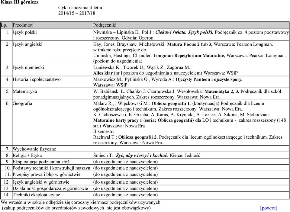 w trakcie roku przejście do: Umińska, Hastings, Chandler: Longman Repetytorium Maturalne, Warszawa: Pearson Longman.