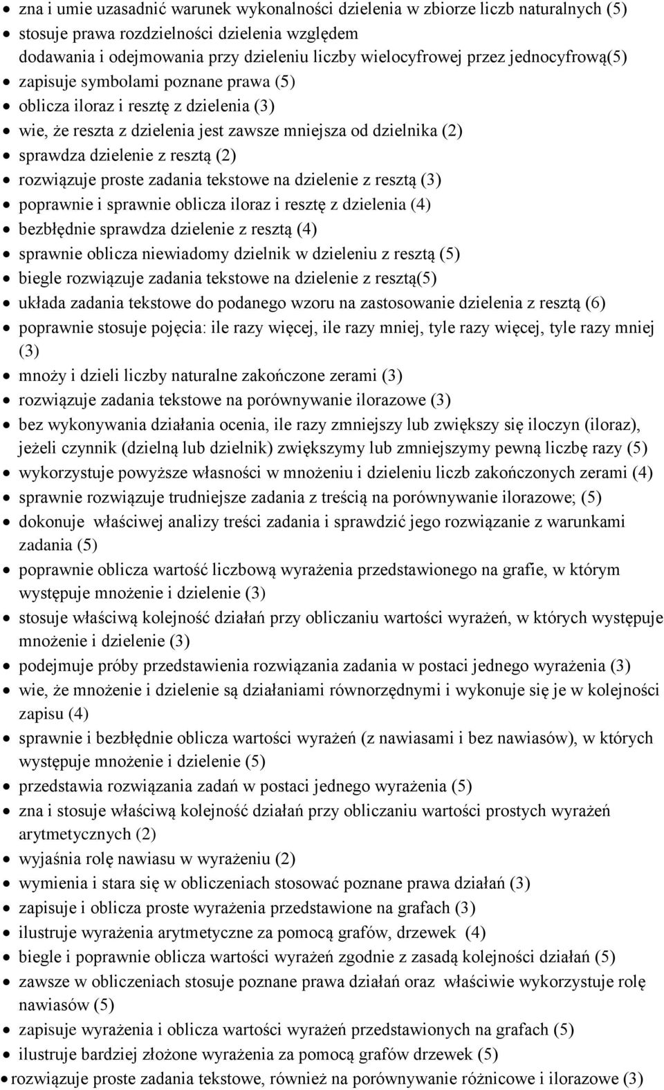 rozwiązuje proste zadania tekstowe na dzielenie z resztą (3) poprawnie i sprawnie oblicza iloraz i resztę z dzielenia (4) bezbłędnie sprawdza dzielenie z resztą (4) sprawnie oblicza niewiadomy