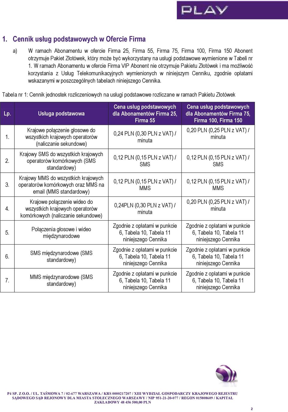 W ramach Abonamentu w ofercie Firma VIP Abonent nie otrzymuje Pakietu Złotówek i ma możliwość korzystania z Usług Telekomunikacyjnych wymienionych w niniejszym Cenniku, zgodnie opłatami wskazanymi w