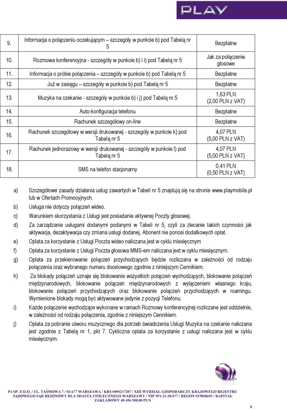 Muzyka na czekanie - szczegóły w punkcie b) i j) pod Tabelą nr 5 1,63 PLN (2,00 PLN 14. Auto-konfiguracja telefonu Bezpłatne 15. Rachunek szczegółowy on-line Bezpłatne 16. 17.