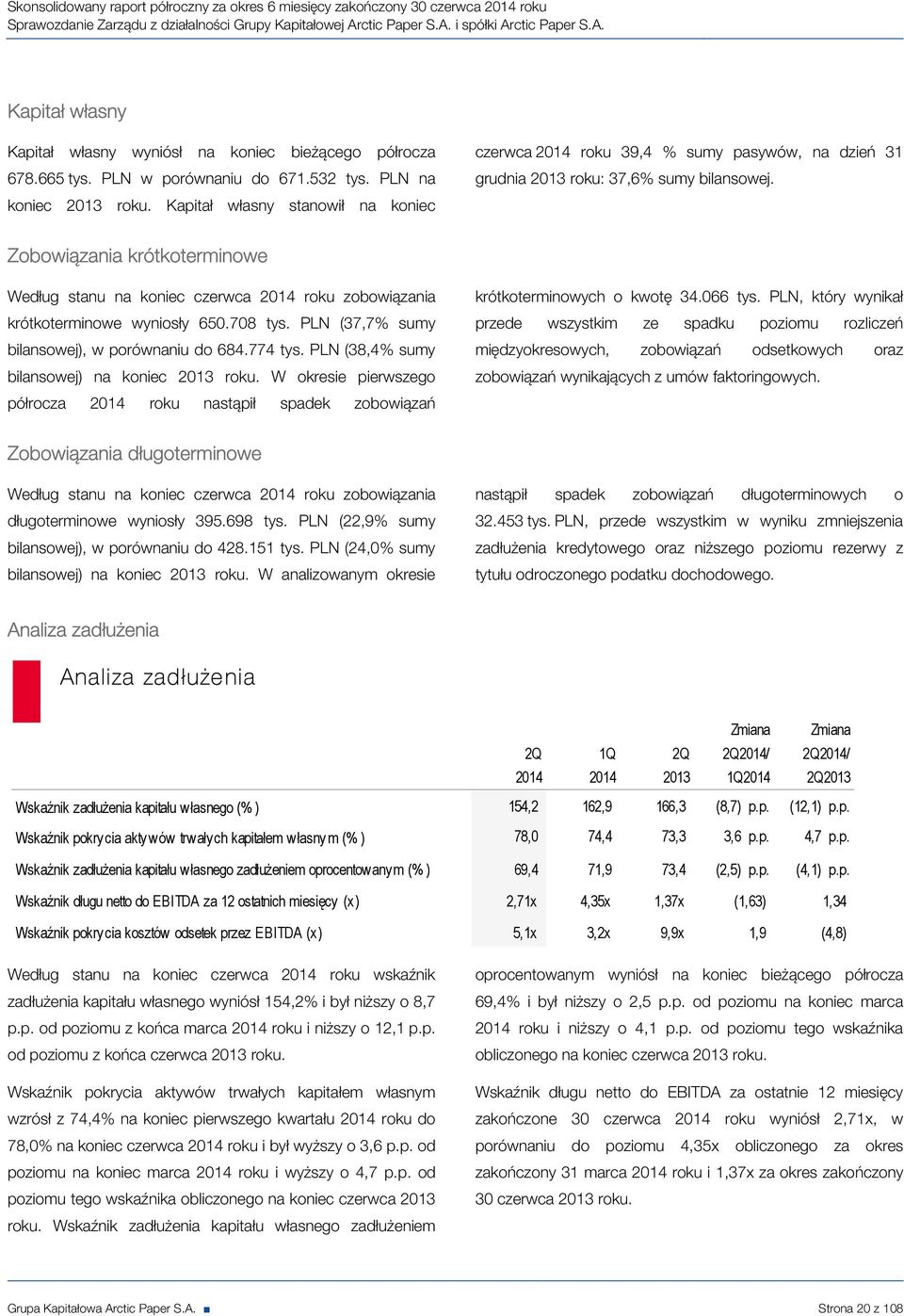 Zobowiązania krótkoterminowe Według stanu na koniec czerwca 2014 roku zobowiązania krótkoterminowe wyniosły 650.708 (37,7% sumy bilansowej), w porównaniu do 684.