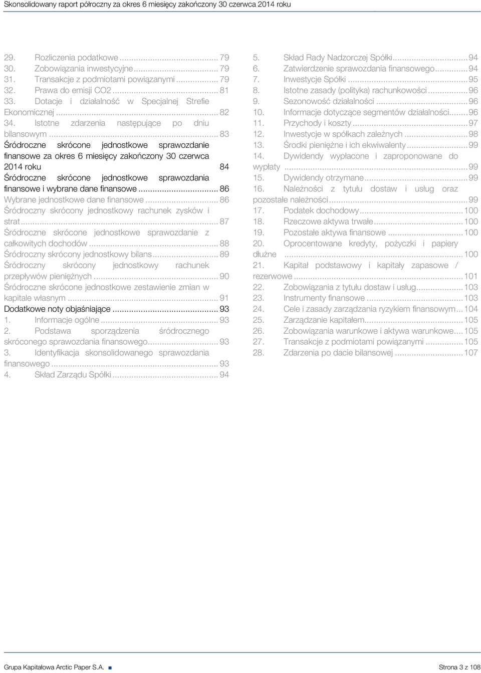 .. 83 Śródroczne skrócone jednostkowe sprawozdanie finansowe za okres 6 miesięcy zakończony 30 czerwca 2014 roku 84 Śródroczne skrócone jednostkowe sprawozdania finansowe i wybrane dane finansowe.