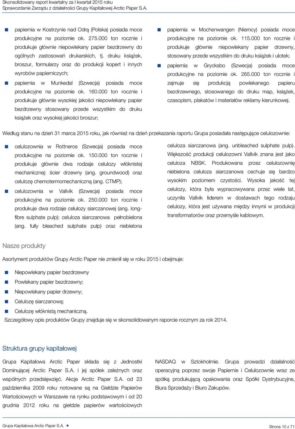 druku książek, broszur, formularzy oraz do produkcji kopert i innych wyrobów papierniczych; papiernia w Munkedal (Szwecja) posiada moce produkcyjne na poziomie ok. 160.